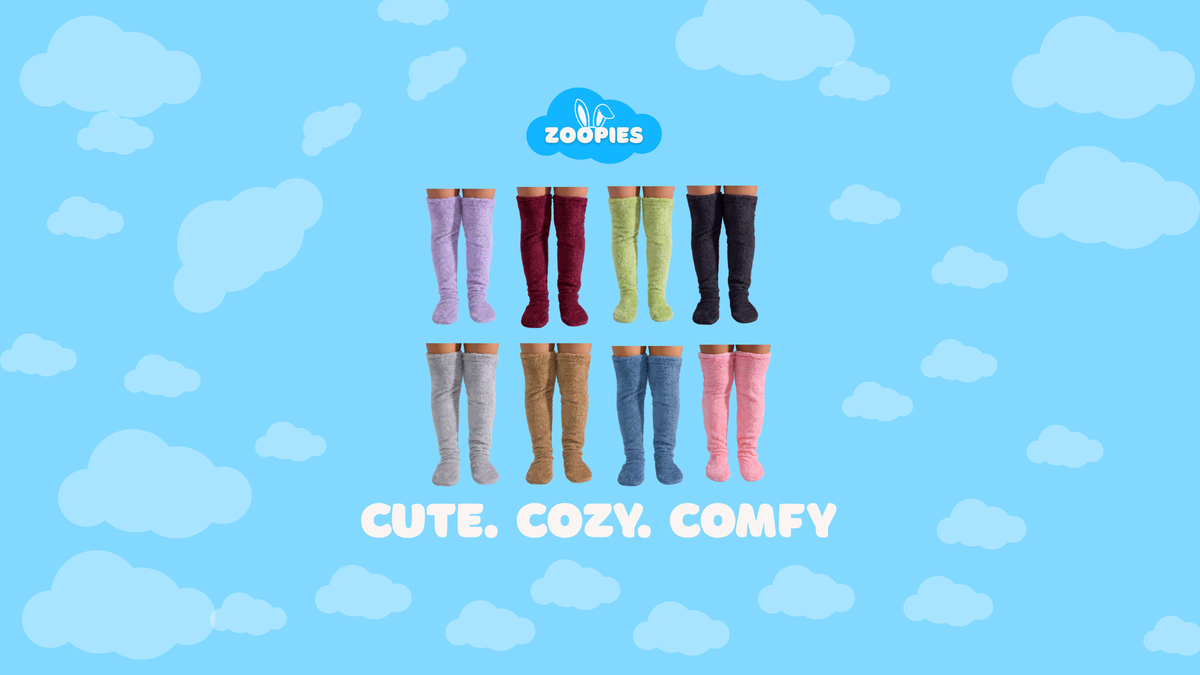 Zoopies fluffy knee-high winter socks in 8 colors including Lilac, burgundy, pistachio,  midnight black, grey, brown camel, blue, pink