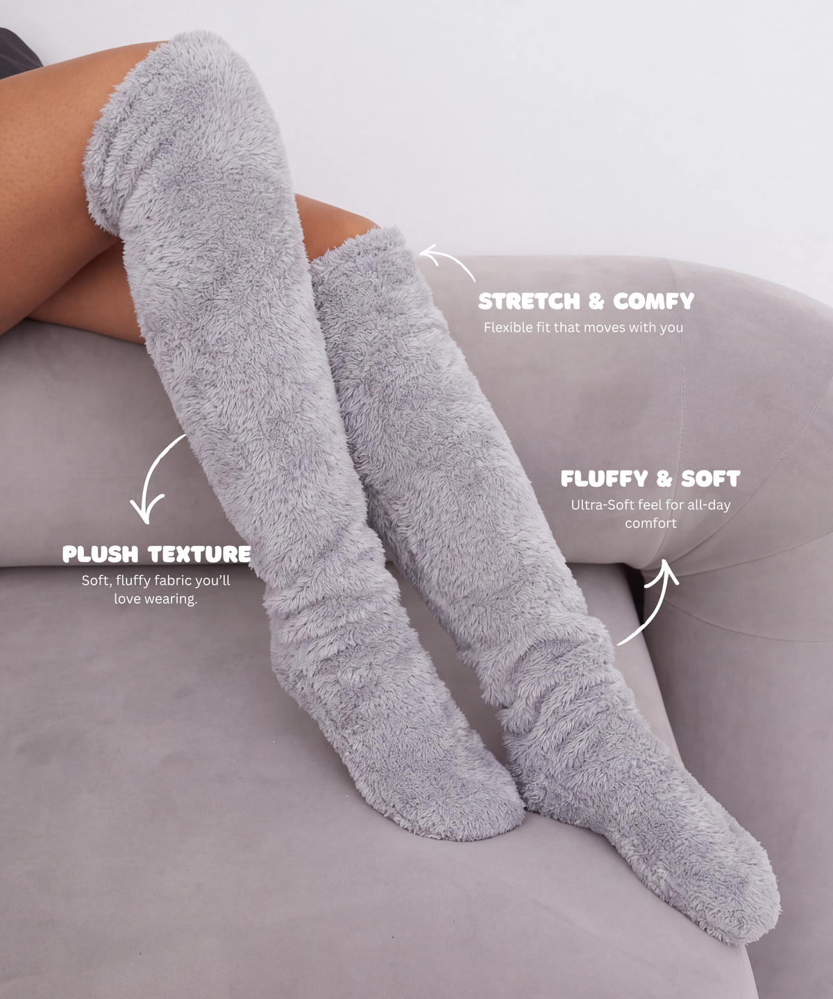Grey fluffy knee-high socks highlighting plush texture, stretch fit, and soft feel