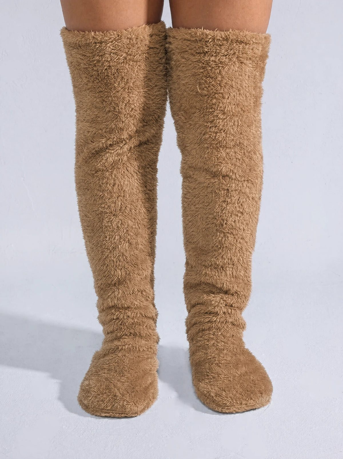 Brown camel fluffy knee-high socks