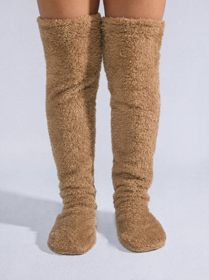 Brown camel fluffy knee-high socks