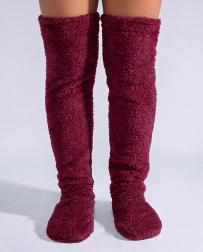 Wine burgundy fluffy knee-high socks